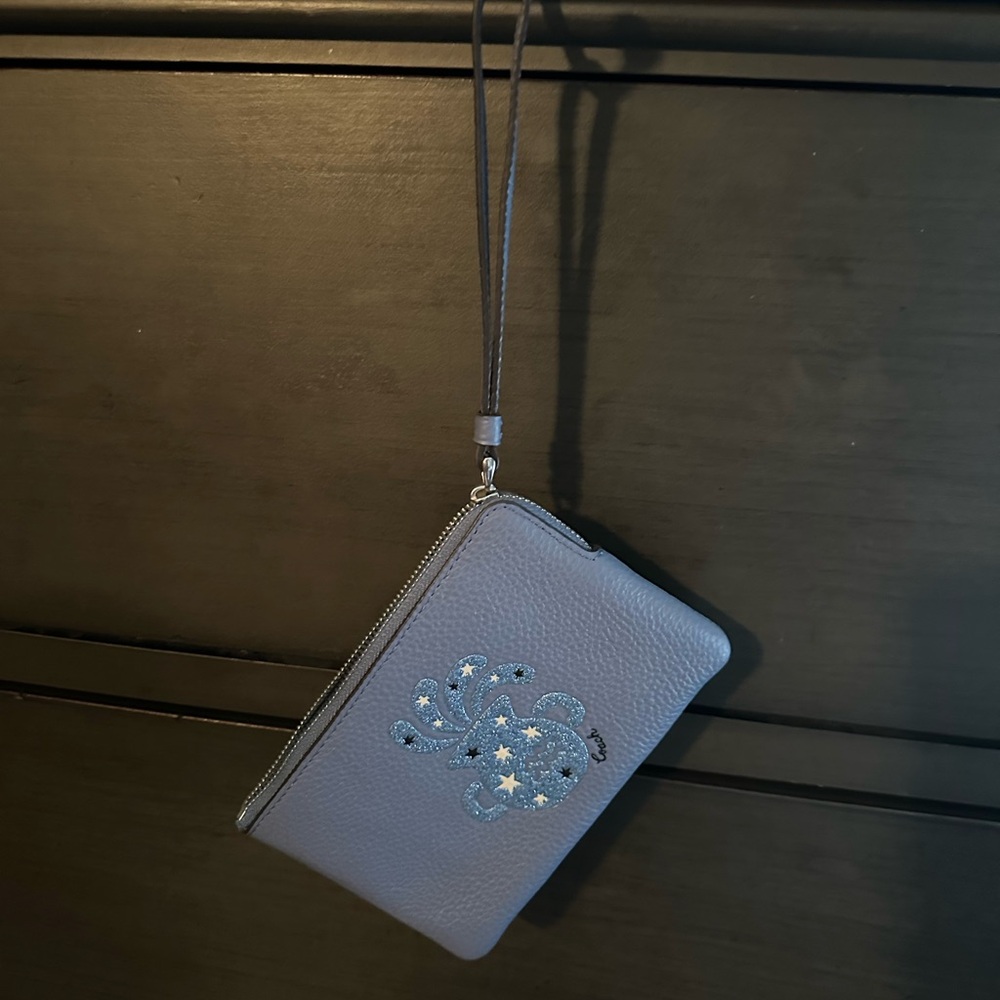Coach Aquarius Blue Wristlet with Embroidered Design